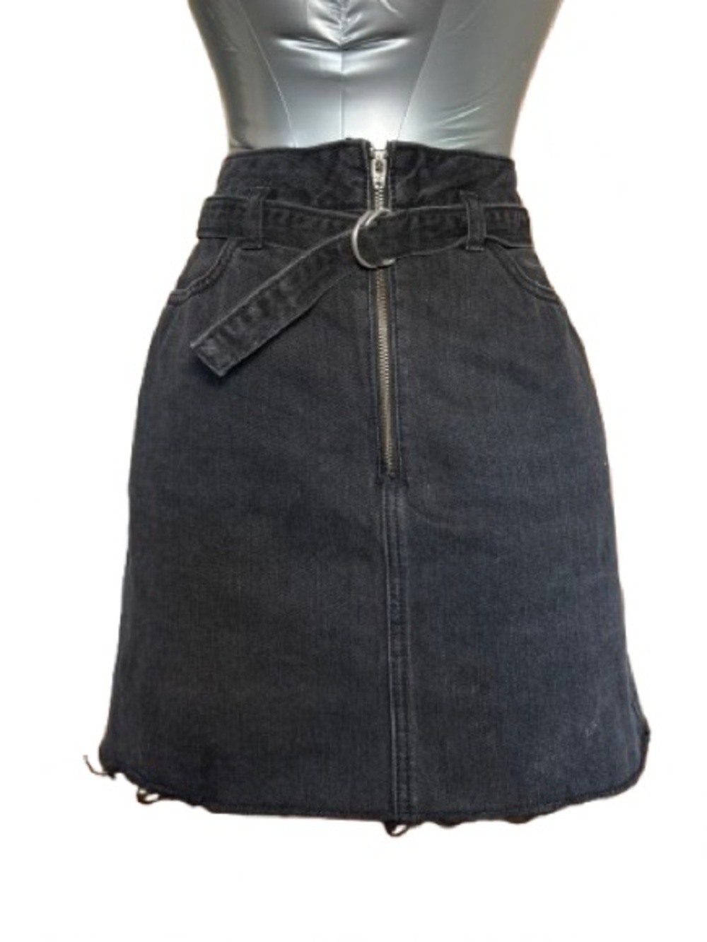 Hollister Black Wash Denim Mini Skirt with Front Zip and D-Ring Belt